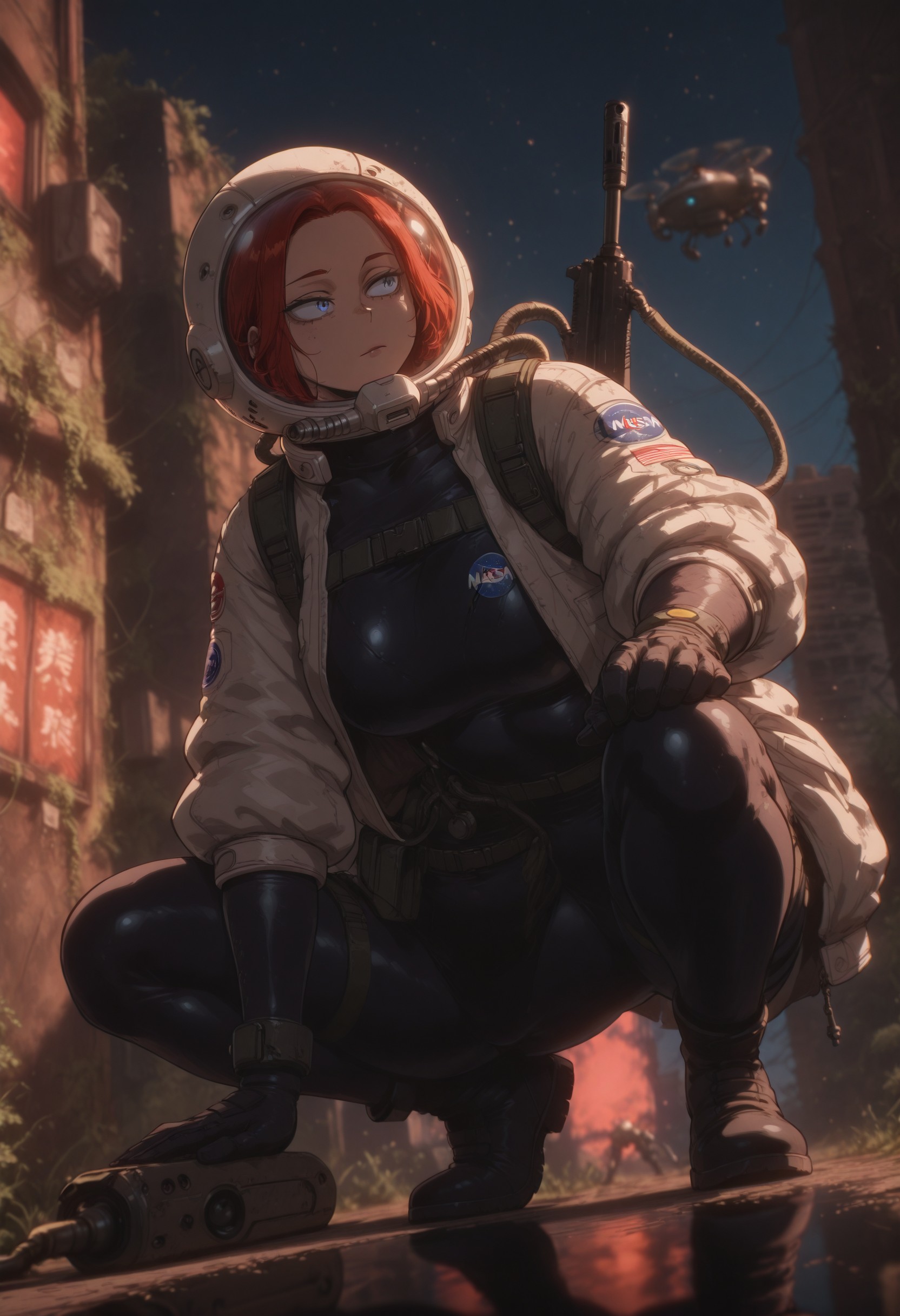 mmha2, 1girl, solo, space_helmet, (((looting))), blue_eyes, sci-fi, nasa punk, crouching, reaching, skin_tight, bodysuit, layered_outfit, oversized jacket, oxygen_tank, scanner, (((old technology))), red light, drone, post-apocalypse, overgrown, dilapidated, reflection, (looking away), (unaware), holding, holding_weapon, assault_rifle, submachine_gun, dynamic dutch angle, detaied lighting, masterfully drawn, 4K, amazing quality, aesthetic, details, latest 2024, mmha2, , <lora:5e383849-9b54-462b-b435-07a58c22bafb:0.9>
