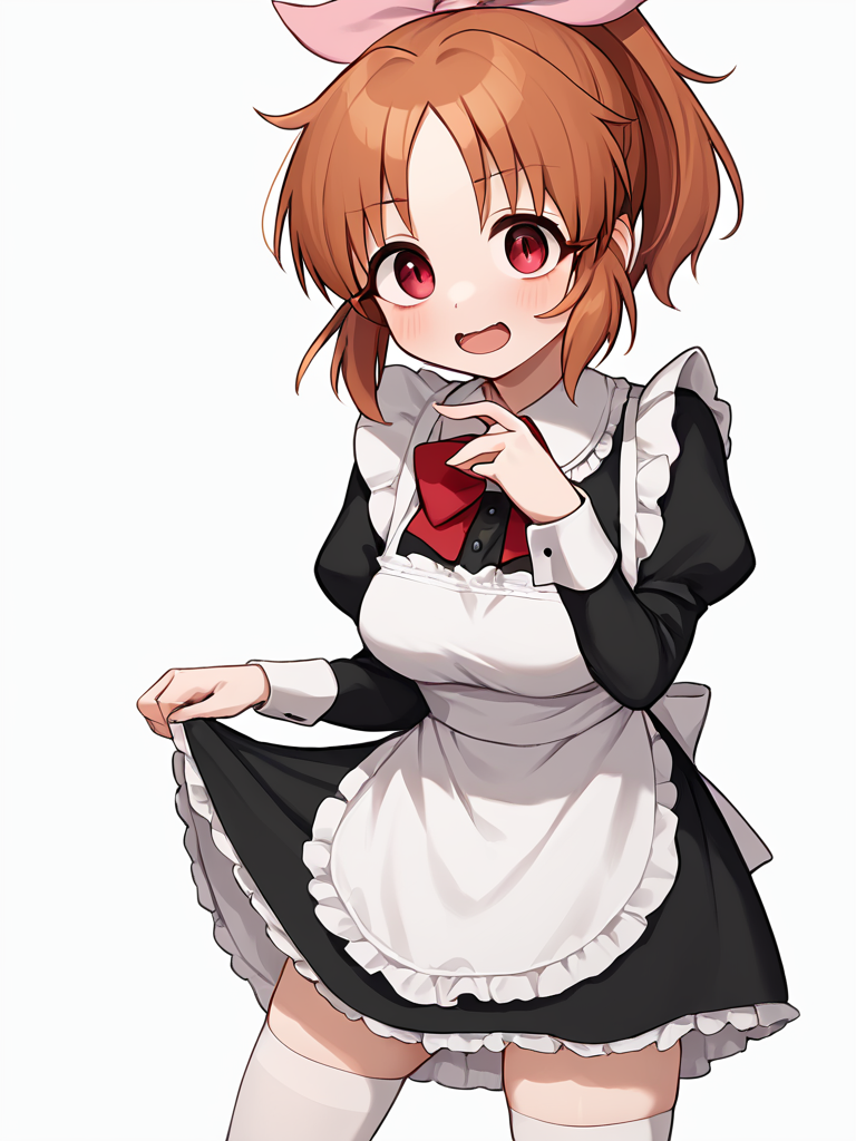 score_9,score_8_up,score_7_up, <lora:idolmaster_cinderella_all:1>ï¼1girl, abe nana, black dress, black sleeves, breasts, brown hair, commentary, constricted pupils, contrapposto, cowboy shot, dot nose, enmaided, forehead, frilled apron, hair bow, hand up, heart, highres, juliet sleeves, legs apart, looking at viewer, maid apron, medium hair, open mouth, parted bangs, ponytail, red bowtie, red eyes, shadow, simple background, solo, standing, white background, white thighhighs