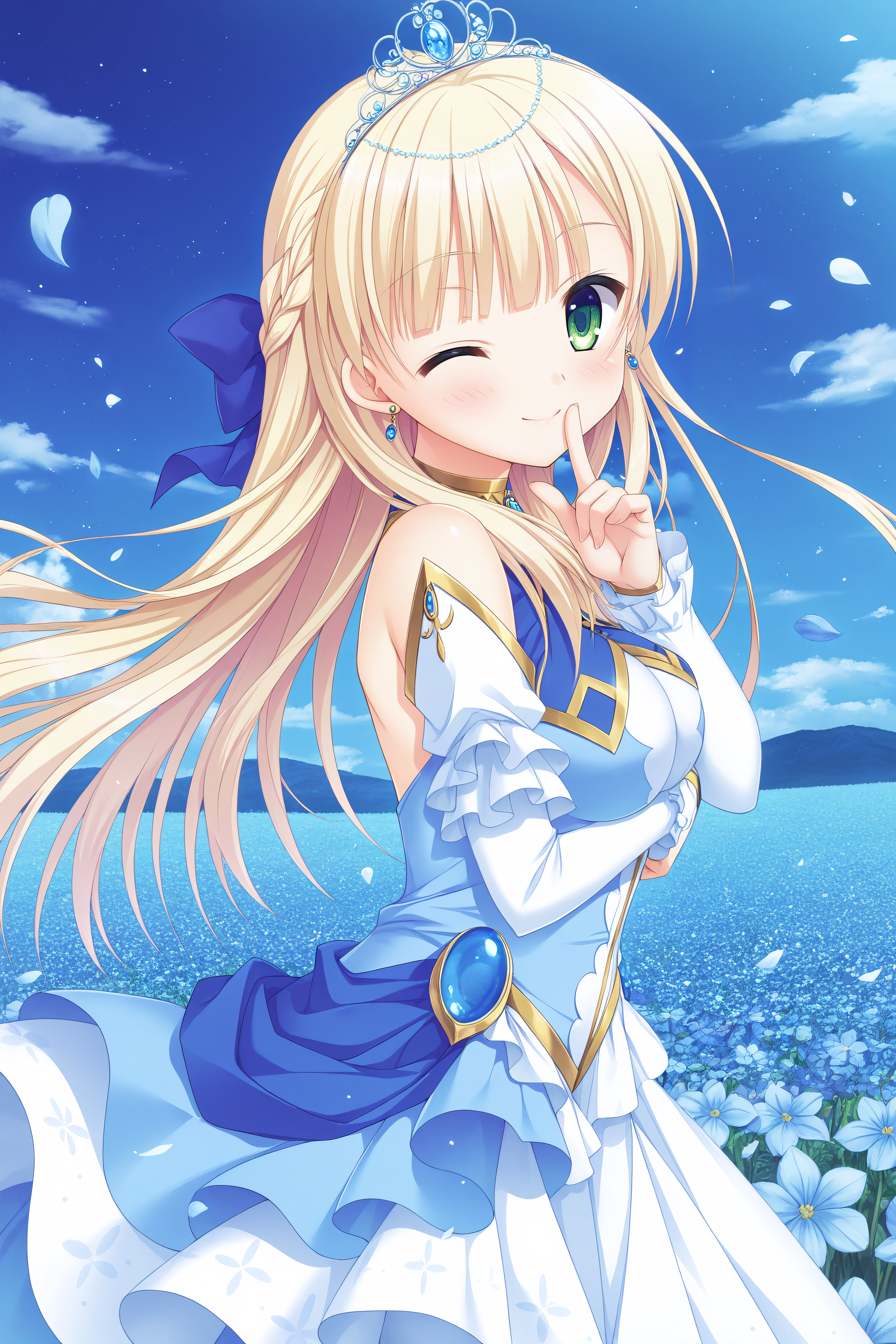 masterpiece, best quality, high quality, detailed, absurdres,newest, scenery, 1girl, solo, official style,best perspective,depth of field, very_aesthetic, best_quality ,high_resolusion, (8K:1.5),,crisp quality, ultra detailed,perfect anatomy,perfect lighting,anime screencap, perfect eyes,detailed eyes, <lora:Sylvia_V4_Illustrious:1>,Sylvia,blonde hair,bangs,green eyes, bangs,princess sylvia,earrings, fantasy,tiara,gold trim,gemstone jewelry,ornate,princess, detached sleeves,blue dress,white dress,ruffles,frilled dress, white pantyhose,sylvia,princess sylvia,
1girl, solo, one eye closed, flower, finger to mouth, looking at viewer, smile, sky, petals, outdoors, blue flower, field, ;), cloud, from side, closed mouth, shushing, floating hair, flower field,index finger raised, hand up, blue sky, standing,night,(upper body:1.2),perfect hands,