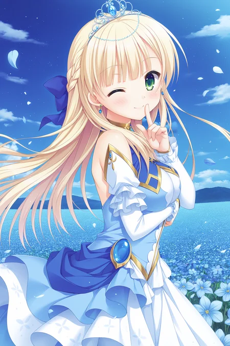 masterpiece, best quality, high quality, detailed, absurdres,newest, scenery, 1girl, solo, official style,best perspective,depth of field, very_aesthetic, best_quality ,high_resolusion, (8K:1.5),,crisp quality, ultra detailed,perfect anatomy,perfect lighting,anime screencap, perfect eyes,detailed eyes, <lora:Sylvia_V4_Illustrious:1>,Sylvia,blonde hair,bangs,green eyes, bangs,princess sylvia,earrings, fantasy,tiara,gold trim,gemstone jewelry,ornate,princess, detached sleeves,blue dress,white dress,ruffles,frilled dress, white pantyhose,sylvia,princess sylvia,
1girl, solo, one eye closed, flower, finger to mouth, looking at viewer, smile, sky, petals, outdoors, blue flower, field, ;), cloud, from side, closed mouth, shushing, floating hair, flower field,index finger raised, hand up, blue sky, standing,night,(upper body:1.2),perfect hands,