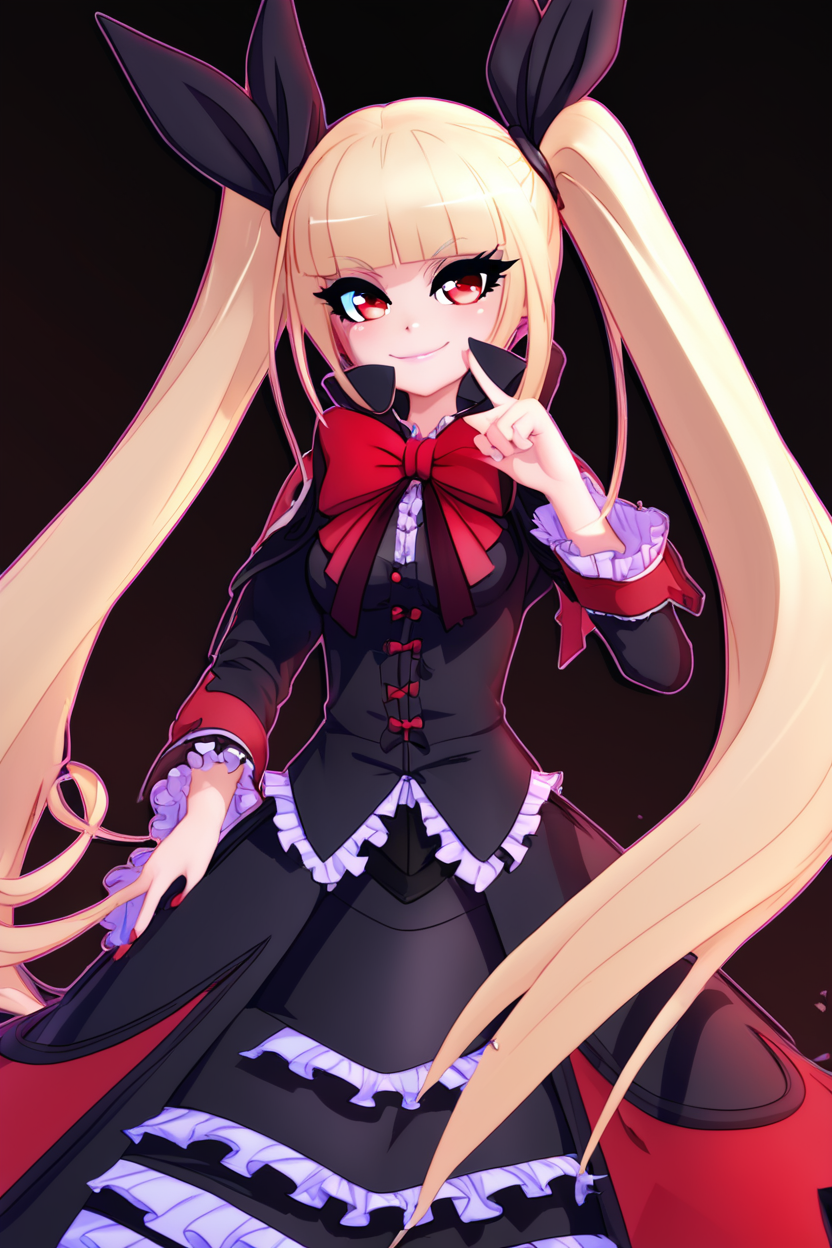 score_9, score_8_up, score_8, medium breasts, (curvy), cute, eyelashes,       ,,, , ,,,  zzRachel, long hair, blonde hair, red eyes, twintails, very long hair, bow, ribbon, hair ribbon, red bow, black dress, frills, <lora:RachelAlucard_PDXL:1.0>, ,,,, BREAK, smile, closed mouth, looking at viewer, cowboy shot,  ,,, embedding:zPDXL, Expressiveh, ,,, <lora:MantisStyle_PDXL_v2:0.8>, <lora:SDXLFaeTastic2400:0.5>, <lora:Expressive_H-000001:0.4>,