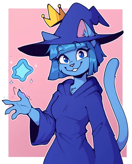 score_9_up, score_8_up, score_7_up, score_6_up, by remanedur, half-length portrait, blue hair, medium breasts, furry female, blue eyes, magic, magic user, casting spell, female, furry, cat, looking at viewer, blunt bangs, blue robe, witch, blue witch hat, crown, floating crown, short hair, blue hair, blue body, tail, solo, happy, smile, three-quarter view, head tilt, simple background, white outline, <lora:Leah_Pines(AIM)_XL_v1:0.15> <lora:PDXL_artist_tags_v2_big:0.5> <lora:The-Minuscule-Task_PDXL_v1.0:0.6> <lora:Cat_Witch_smekbo:0.9>