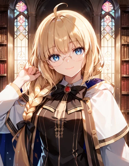 Volumetric Lighting, (masterpiece), (best quality), (ultra-detailed), masterpiece, source_anime, score_9, score_8_up, score_7_up BREAK, illustration, disheveled hair, detailed eyes, perfect composition, moist skin, intricate details BREAK, light depth, dramatic atmospheric lighting, Volumetric Lighting, WitchAesc, blue eyes, blonde hair, single braid,very long braid,RW robe, RW dress, RW bowtie, RW glasses, 1girl, solo, long hair, looking at viewer, standing, upper body,braid over shoulder, smile,closed mouth, indoor, library,ahoge, monocle,head tilt,hand up