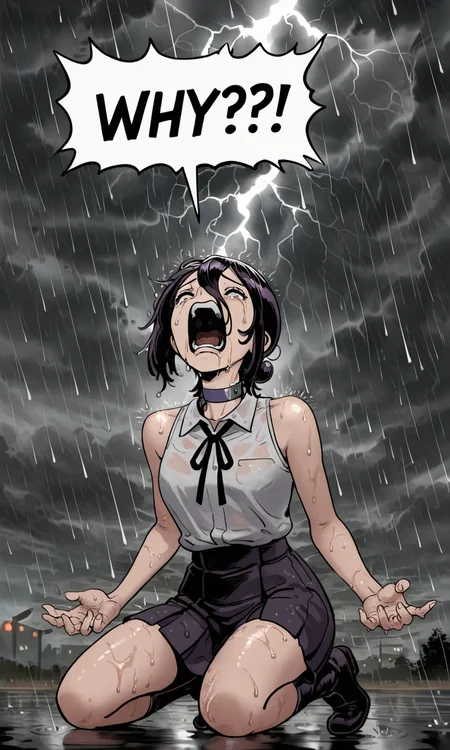 embedding:IllusP0s, f3rn4nd0, WHY?!, speech bubble, screaming, kneeling, 1girl, reze, white shirt, sleeveless, black ribbon, 1girl, solo, contrast lighting, outdoors, arms by side, thunderstorm, raining,<lora:why_illustrious.safetensors:1.0:1.0> <lora:Style_soph-Fernando-ILXL.safetensors:1:1>