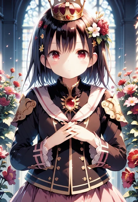score_9, score_8_up, score_7_up, 1girl,FujisakaLP,high definition eyes, (masterpiece), (best quality), (ultra detailed),(disheveled hair),(illustration), (best shadow), detail1eye, 1girl, 8K animation, detailed fingers, precise fingers, not unnatural hands, illustration, 1 girl, solo, pink bob cut, gold crown, flower hair ornament, sagging eyes, red mini skirt, YUI
