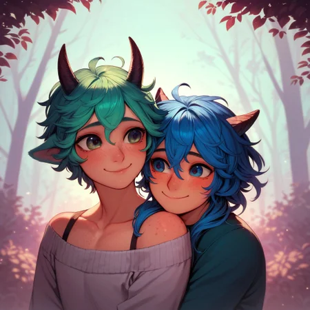 aid291, score_9, score_8_up, score_7_up, score_6_up, high detail, 4k, high resolution, cartoon style, 2boys, femboys, cute, cute boys, feminine boys, romantic, blue hair, green hair, fluffy hair, freckles, horns, animal ears, happy, loving expression, loving gaze, looking at one another, detailed face, beautiful face, expressive eyes, beautiful eyes, face focus, <lora:Hugging:1> hugginganother, hug, couple, forest background