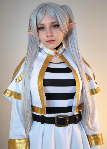(colourful, soft cinematic light:1.1), best quality,extremely detailed, contrast, (absolute dark), darkness, dark atmoshpere, dark light, Monolid glow Eyes, <lora:Frieren_cosplay:0.8> UZ_frieren_cosplay, frieren, long hair, twintails, elf, white capelet, striped shirt, horizontal stripes, long sleeves, belt, white skirt, gold-trim, black pantyhose,