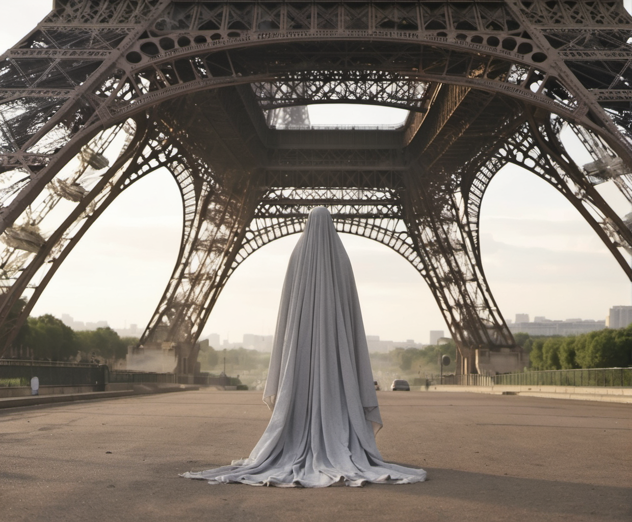 sheetghost person hanging over the top of the Eiffel Tower. <lora:2023-08-27 - SDXL Merge - Sheetghost merge then back to base :1>