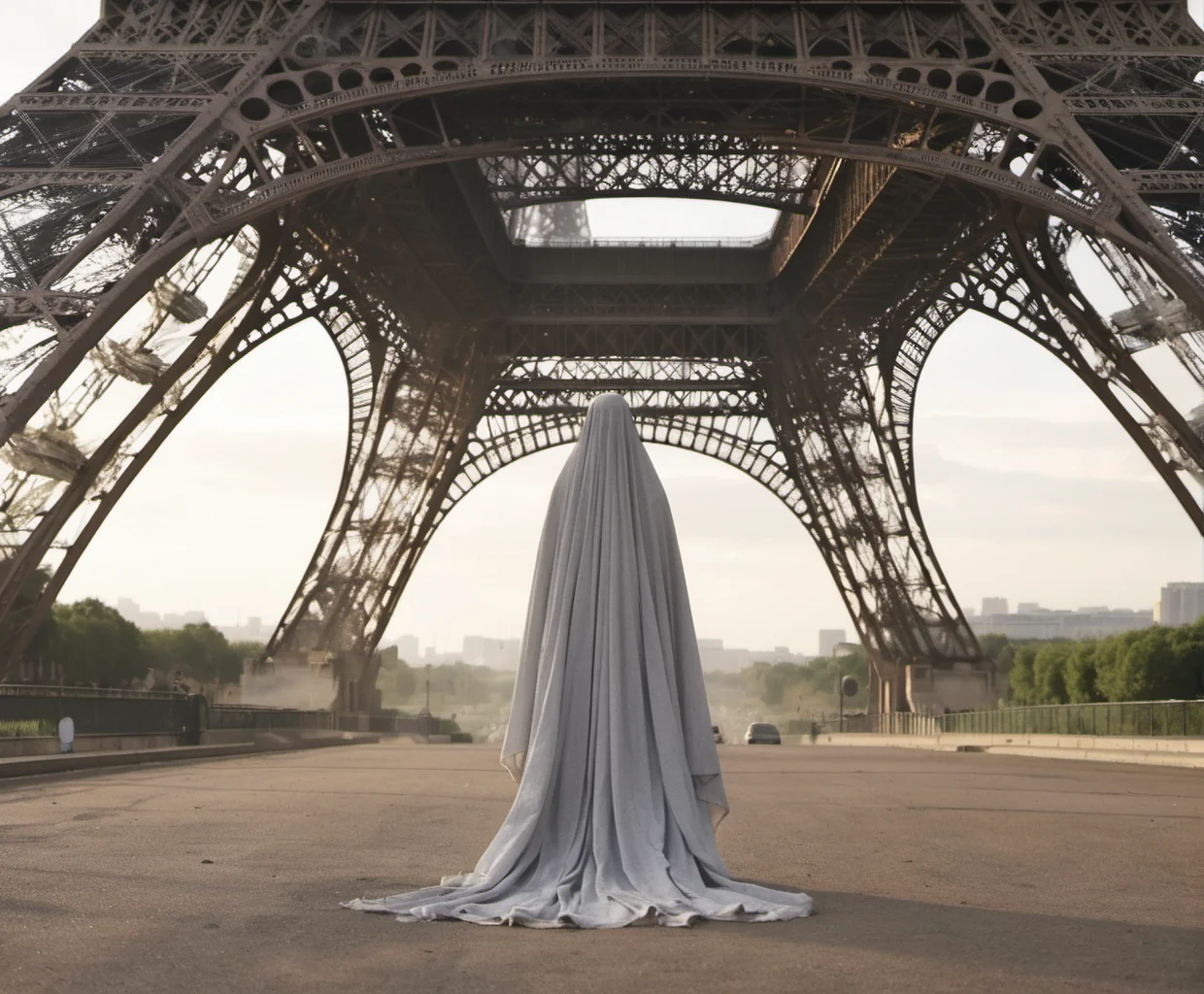 sheetghost person hanging over the top of the Eiffel Tower. <lora:2023-08-27 - SDXL Merge - Sheetghost merge then back to base :1>