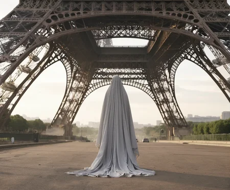 sheetghost person hanging over the top of the Eiffel Tower. <lora:2023-08-27 - SDXL Merge - Sheetghost merge then back to base :1>
