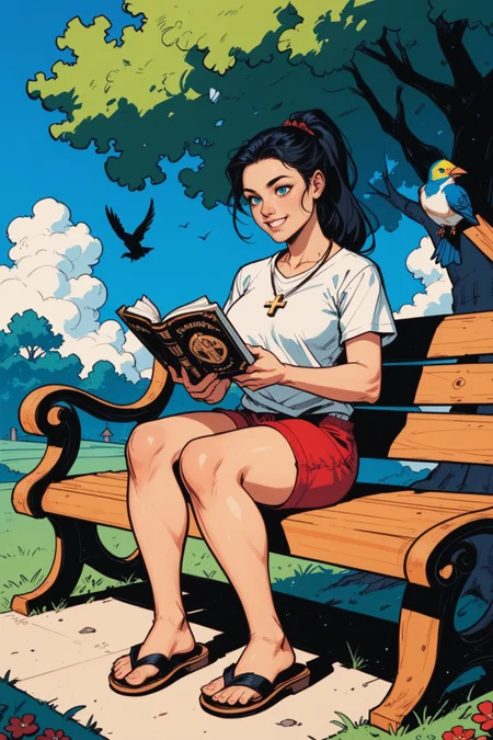 1girl, outdoors, sandals, tree, solo, book, sitting, ponytail, flower, day, bench, black hair, shorts, shirt, sky, necklace, jewelry, cloud, house, long hair, red shorts, grass, reading, bird, open book, holding book, white shirt, cross, scenery, holding, bush, short sleeves, red flower, blue sky, smile, a_Comic_Illustration, rough lines with ink, (drawn:1.1), (sketch:1.5), (crosshatching:1.25), (comic style:1.1), graphic novel style, sharp lines, hires, zstyle, (western comics \(style\):1.1), (hatching \(texture\):1.2), zPDXL, Mr_Monster_Possitive, <lora:Expressive_H:0.5>, score_9, score_8_up, score_8_up,