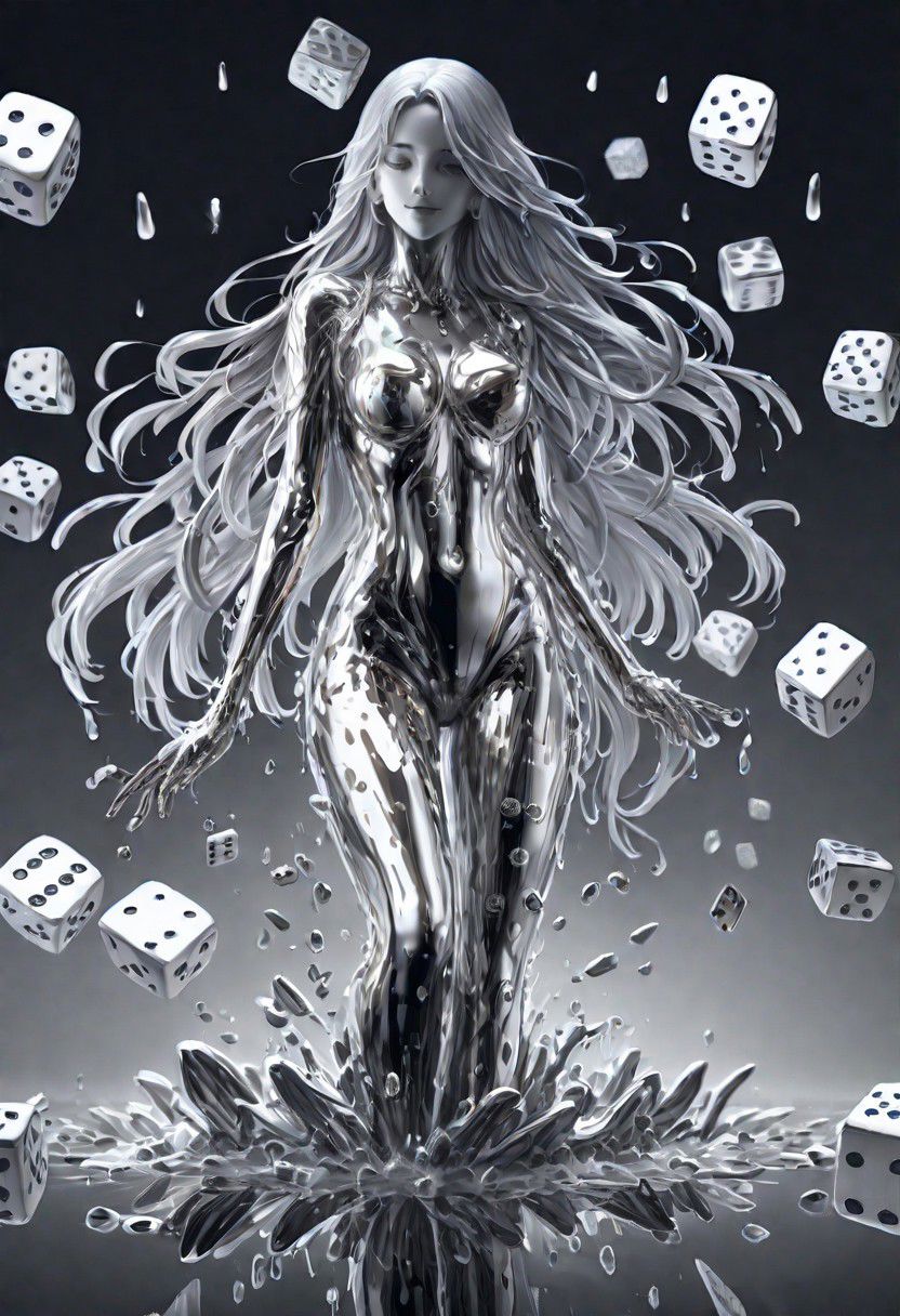 (masterpiece,best quality,ultra-detailed,best illustration:1.3), 1woman,  its raining dice, 1000s of white dice falling from from the clouds, full length metal body, silver liquid metal long hair, casino background,
silver LIQUID METAL