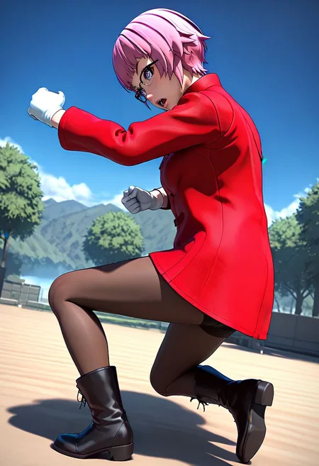 <lora:sdxl_lightning_8step_lora:1> <lora:Fixhands_anime_bdsqlsz_V1:1>score_9, score_8_up, score_7_up, source_anime, intricate details, perfect anatomy BREAK
1girl, solo, gis-esakipurin, pink hair, short hair, purple eyes, black-framed eyewear, red coat, white gloves, gis-esakipurin outfit, brown pantyhose, black boots,
from side, fighting stance, Confused, Wide-open eyes, a slightly furrowed brow, and a slightly open mouth., outdoors,
<lora:gis-esakipurin_XL(pony)fix:0.9>