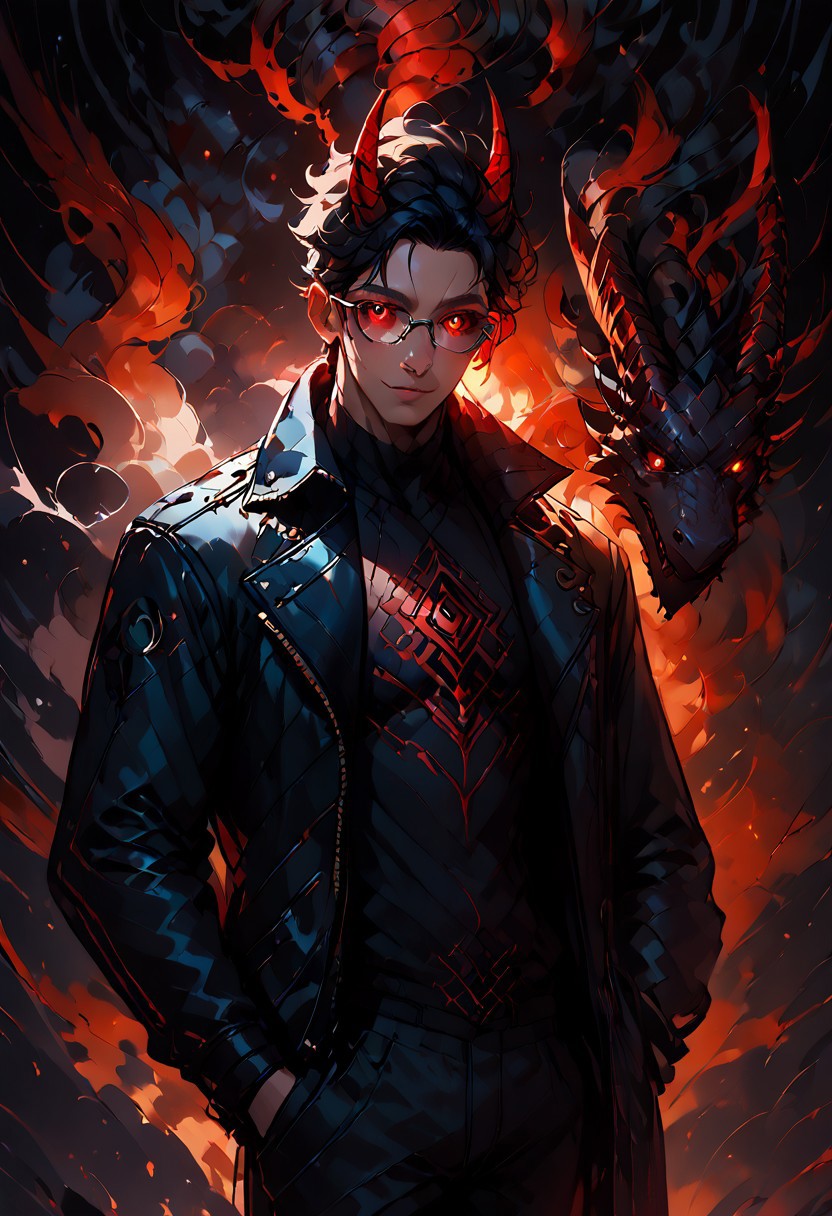 ((score_9, score_8_up, score_7_up,score_9, score_8_up, score_7_up)), (Masculine, Light/tan skin, Toned and 6'5 feet tall:1.4), 24 years old, Handsome face, smile face, perfect face, (((Black hair with neon red highlights))), ((Glowing neon Gold irises)), (Neon Red pupils), (White Sclera), shiny skin, Curley short haircut, ((2 spiral red horns)), (((Demon))), (Large muscle build), gages in ears, Neon tattoos on arms, wild hair, toned hips, ((fit look, large intelligent glasses)), ((Long Blue leather coat, dragon scale coat, black vest, black shirt, black pants)), shiny skin, dark aura, small light, warm lighting, (no nsfw), , stools, cowboy shot, dark dimension, black background, empty space, stars, dynamic action: throwing fists