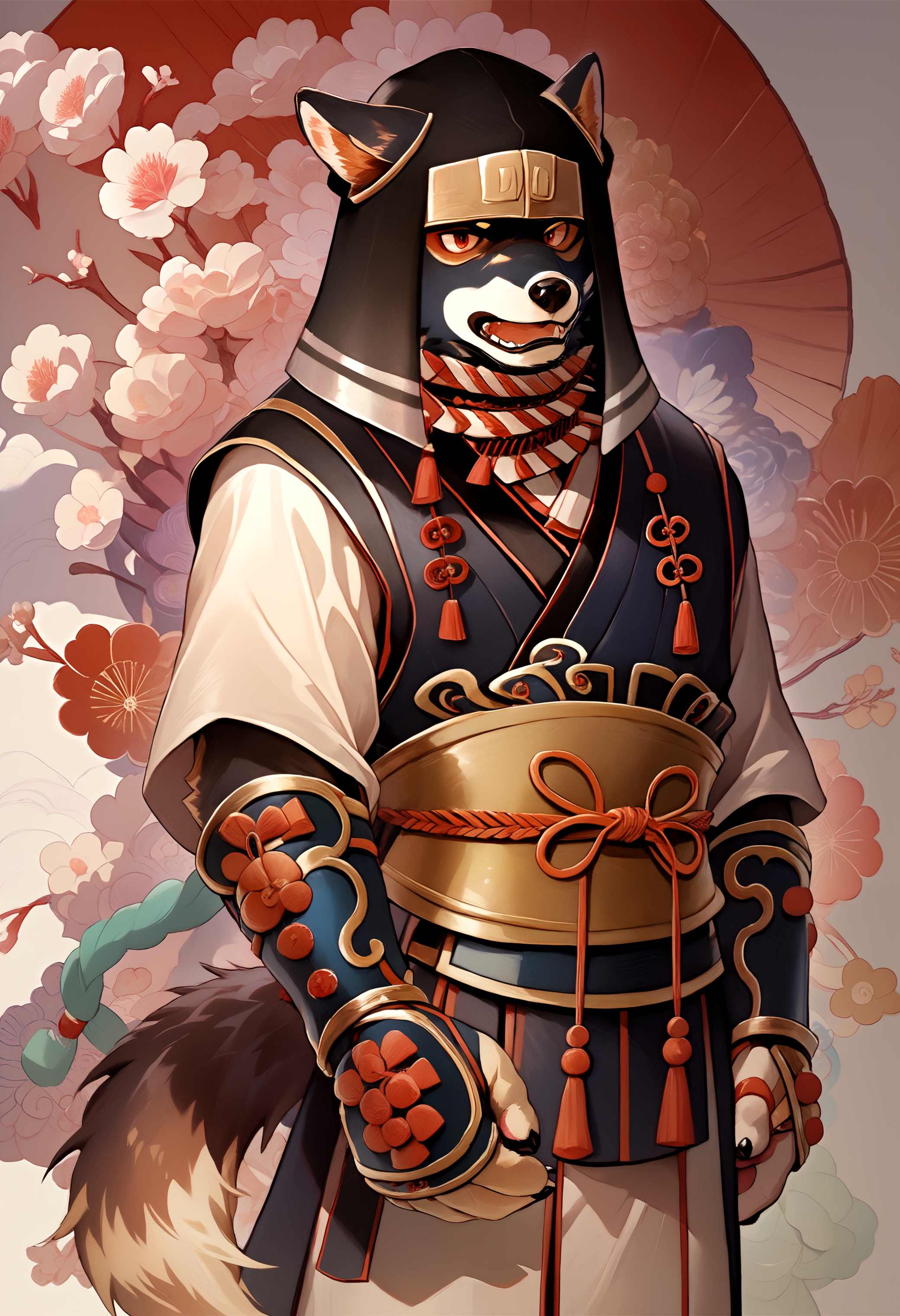 score_9, score_8_up, score_7_up, 8k, detailed design, detailed background, detailed characters, masterpiece, anthro only, furry only,  <lora:HanzoAnother_Eidos-000001>, Hanzo, 1boy, red eyes, dog boy, furry male, dog ears, hood, armor, japanese clothes, dog tail, japanese armor, standing,