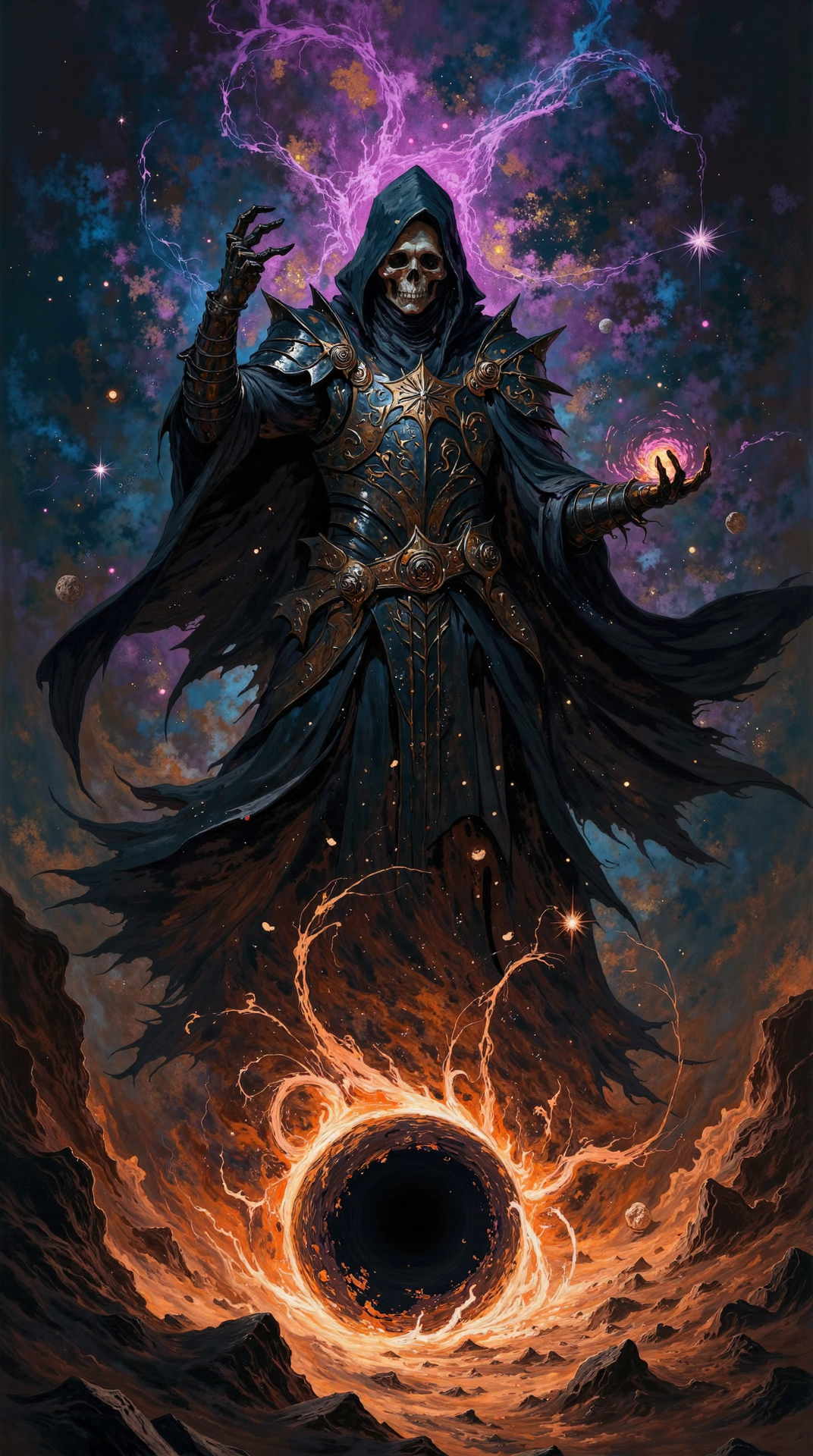 In the infinite void of space, where the eternal stillness of the cosmos is broken only by the silent ballet of stars and planets, a dark sorcerer commands the very fabric of existence. Cloaked in shadow and power, he floats effortlessly amidst the celestial panorama, his figure both majestic and terrifying.
The sorcererâs imposing form is sheathed in an intricate suit of black leather armor, a masterpiece of darkness. The armor is massive and jagged, its bulky design adorned with spikes and razor-sharp edges that gleam faintly in the light of distant stars. Every plate is engraved with ancient runes that pulse with a sickly, malevolent glow, hinting at forbidden power. Draped over this menacing armor is a tattered black cloak, its edges frayed as though scorched by countless battles. The hood is deep and shadowy, concealing most of the sorcererâs face, save for the pale, almost corpse-like skin beneath. Scars carve harsh lines across his visible features, each one a testament to unspeakable rituals and battles fought in the name of dark magic.
From within the hood, his eyes burn like twin embersâcold, calculating, and filled with an unquenchable hunger for destruction. His skeletal fingers, pale as bone, extend outward, their gaunt appearance belied by the unimaginable power they wield. Twisted tendrils of dark magic spiral from his hands, snaking and writhing through the void like living shadows. The energy he conjures distorts the very fabric of space, causing nearby stars to flicker and dim as if cowering from his presence.
Before him, a black hole is being bornâa monstrous void that pulses and churns with incomprehensible force. Its edges ripple with iridescent darkness, a vortex of pure annihilation that draws everything into its ravenous maw. The sorcererâs hands guide this cataclysmic force, manipulating it with precision and malice. Streams of energy arc from his fingertips into the swirling singularity, feeding it with raw power as it grows larger and more menacing with each passing moment.
Beyond the black hole, a planet loomsâa vibrant, thriving world illuminated by the light of its sun. But even as it shines, its fate is sealed. The sorcererâs magic claws at the planet's surface, pulling it inch by inch toward oblivion. Mountains crumble, oceans boil, and the atmosphere is torn asunder, all consumed by the relentless pull of the black hole.
The surrounding cosmos bears silent witness to this apocalyptic ritual. Nearby stars are dimmed by the sorcererâs unholy magic, their light swallowed by the growing void. Fragments of shattered asteroids and debris swirl in chaotic orbits, caught in the gravitational chaos of the black hole. Faintly glowing nebulae in the distance provide an eerie backdrop, their vibrant colors contrasting starkly with the sorcererâs dark presence.
The sorcerer floats motionless amid this destruction, a godlike figure wielding the power to reshape the universe. His cloak billows unnaturally, as if moved by an unseen wind, and his armor reflects the dim light of the dying cosmos, making him appear as though he is carved from the void itself. The dynamic interplay of his magic and the collapsing space around him creates an awe-inspiring, terrifying tableauâa harbinger of cosmic doom.
This is the dark sorcerer, a master of annihilation and the architect of despair. His ritual is not just an act of destruction but a statement of his dominance over creation itself. He is the abyss, and to witness his work is to gaze into the end of all things.
DB4RZ, g0thicPXL, mythp0rt
<lora:FLUX-daubrez-DB4RZ-v2:0.8>,  <lora:gopFLUX:0.15>, <lora:artisketchyfs-v02:0.2>, <lora:FluxMythP0rtr4itStyle:0.15>