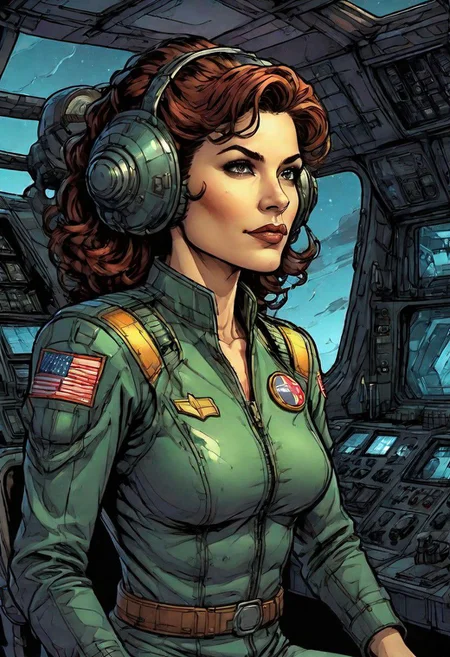 comic book close-up of woman captain standing in the cockpit of Dragon Assult Ship (cockpit:1.2) in deep space