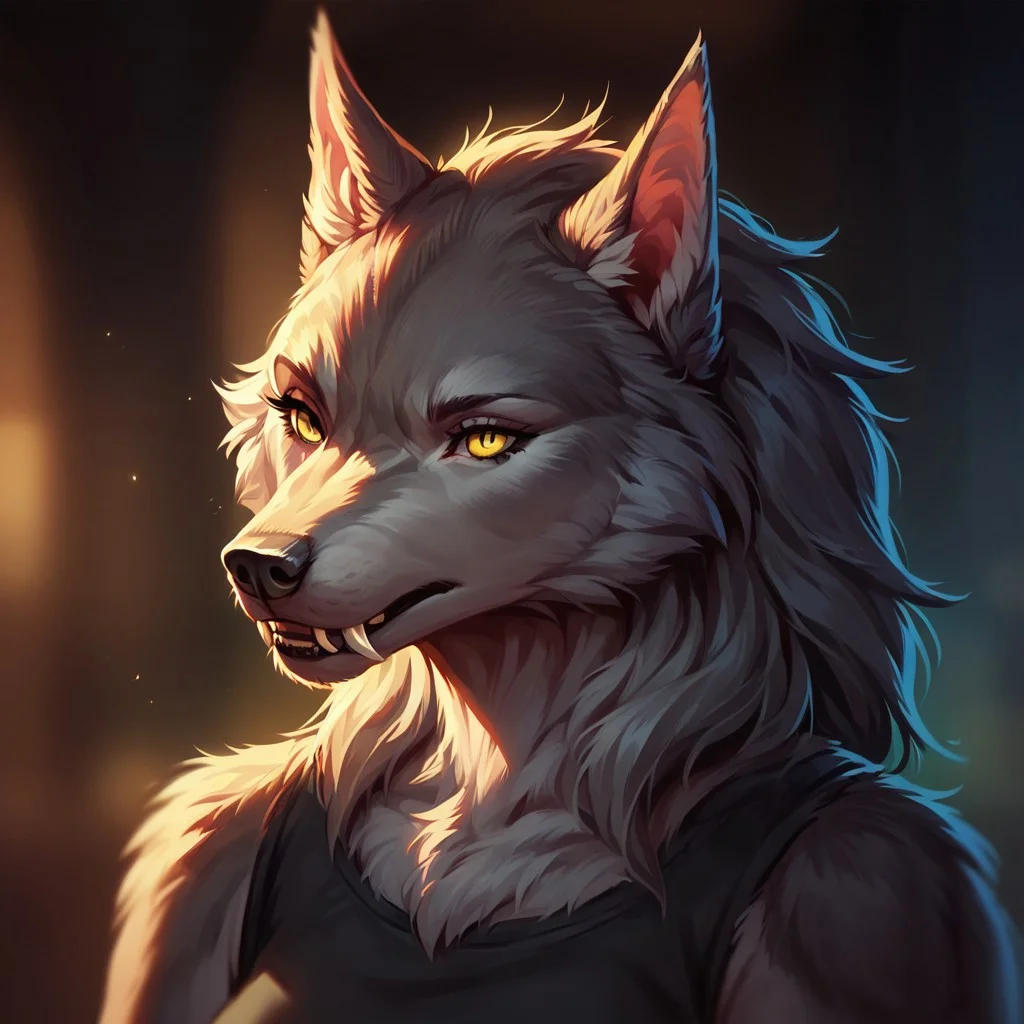 (((detailed, beautiful, high quality))), score_9, score_8_up, score_7_up, upper body,
werewolf, furry wolf, fangs, tail,
1 girl, grey fur, yellow eyes, black top, black pants,
blurred background, fantasy background, rustic background, dark background,