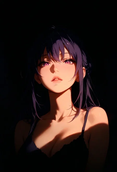 1girl,Rize Kamishiro, lips, thin lips, parted lips, solo, looking at viewer, camisole, upper body, dark, underlightling, masterpiece, best quality, very aesthetic