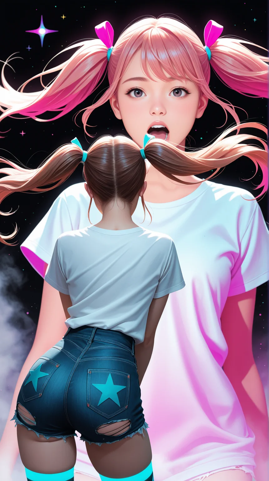 1girl, woman, (neon palette),
masterpiece, best quality, high quality, absurdres, very aesthetic, 8k, depth of field, subject focus, face_focus, detailed eyes, looking at viewer,
black background, fog, neon backlight, halftone background, giant square,
sirene expression, floating hair,
multi view, side view, front view, back view,
skin pressed, dynamic posing,
brown hair, pink hair, twintails, torn jeans shorts, ribbon thighhighs, tshirt,
futuristic, modern,
singing, floating stars,
purple backlight,