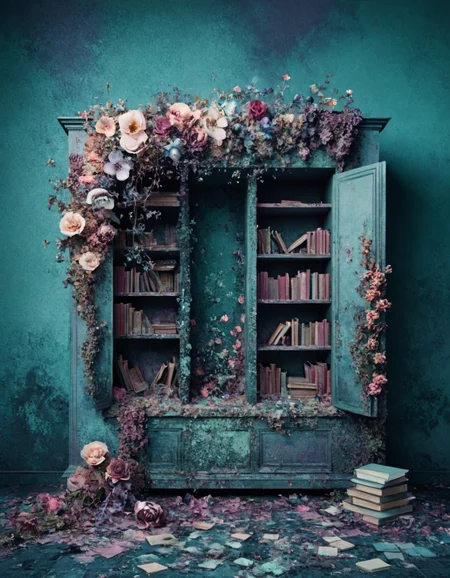 novuschroma style magical library floral decay <lora:104_novuschroma_1:1>