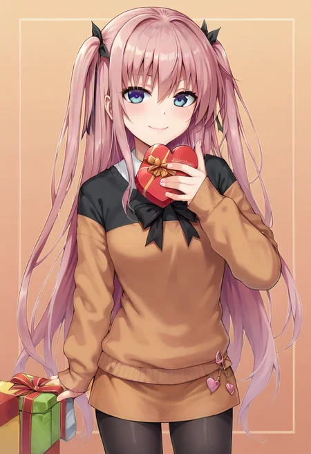 score_9, score_7_up,  1girl, 
gift, looking at viewer, black ribbon, black shirt, hair between eyes, closed mouth, pantyhose, long hair, gift box, shirt, black pantyhose, long sleeves, hand up, hair ribbon, holding gift, sweater, orange background, orange skirt, standing, twintails, orange sweater, box, cowboy shot, miniskirt, skirt, ribbon, very long hair, blush, valentine, holding, smile, pink hair, heart-shaped box, solo
 <lora:40010prototype-Style-PonyXL-DoRA-000041:1>