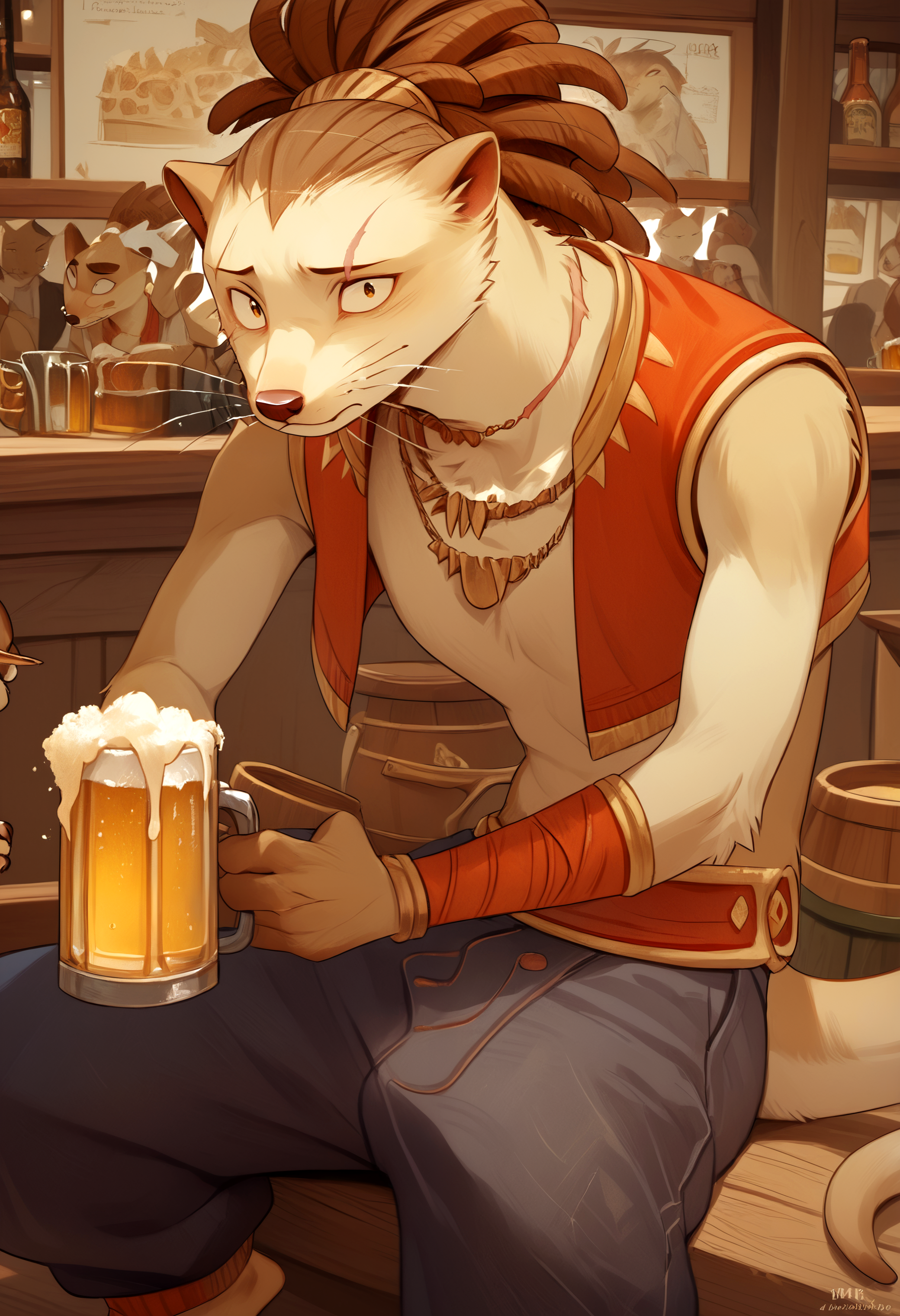 score_9, score_8_up, score_7_up, 8k, detailed design, detailed background, detailed characters, masterpiece, anthro only, furry only,  <lora:SmokeyAFK_Journey-000001>, smokey, furry male, 1boy, otter ears, brown hair, scar over eye, whiskers, necklace, pants, otter boy, vest, barefoot, otter tail, dreads, white fur,  nervous, beer, looking at viewer, close up, sitting,  inside, bar, sitting,
