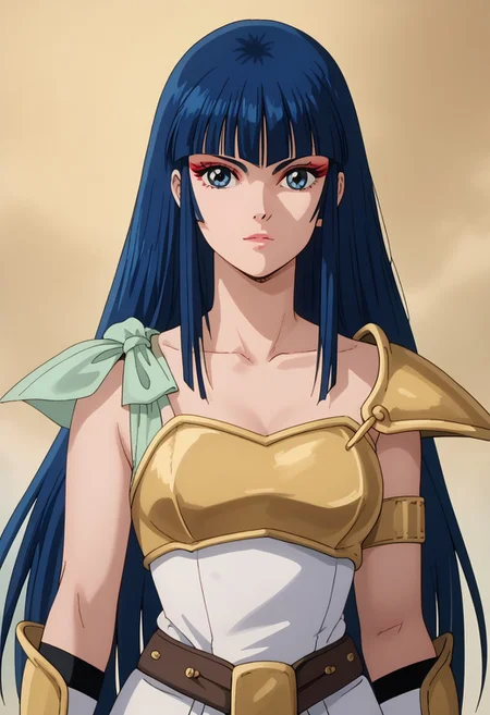 score_9, score_8_up, score_7_up, realistic, fine anime screencap_xl, anime screencap, ladykayura, kayura, ronin warriors, solo, 1girl, retro, blue hair, 1980s (style), bangs, long hair, blue eyes, portrait, makeup, armor, shoulder armor, gloves, swords