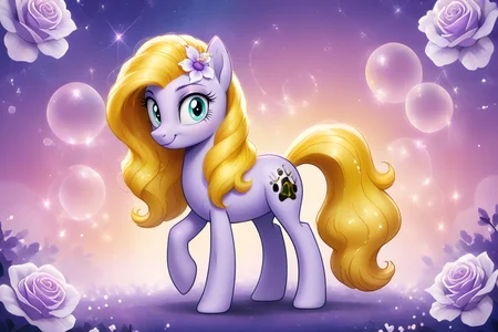 score_9, score_8_up, score_7_up, score_6_up, source_pony, extremely detailed, BREAK
(light purple pony:1.3), (dark blue eyes:1.2), blonde, earth pony, purple heels, (hair flower:1.5), (flowers in mane:1.5), eyeshadow, straight hair, long hair, adult, smile, female, solo, closed mouth, quadraped, looking at viewer, (full body:1.4), (pawprint cutie mark:1.2) BREAK
<lora:Shoujo_Bubbles:1.5> sh0jo_bubbles, (purple:1.6)
<lora:add-detail-xl:1>
<lora:SDXLFaeTastic2400:1>
