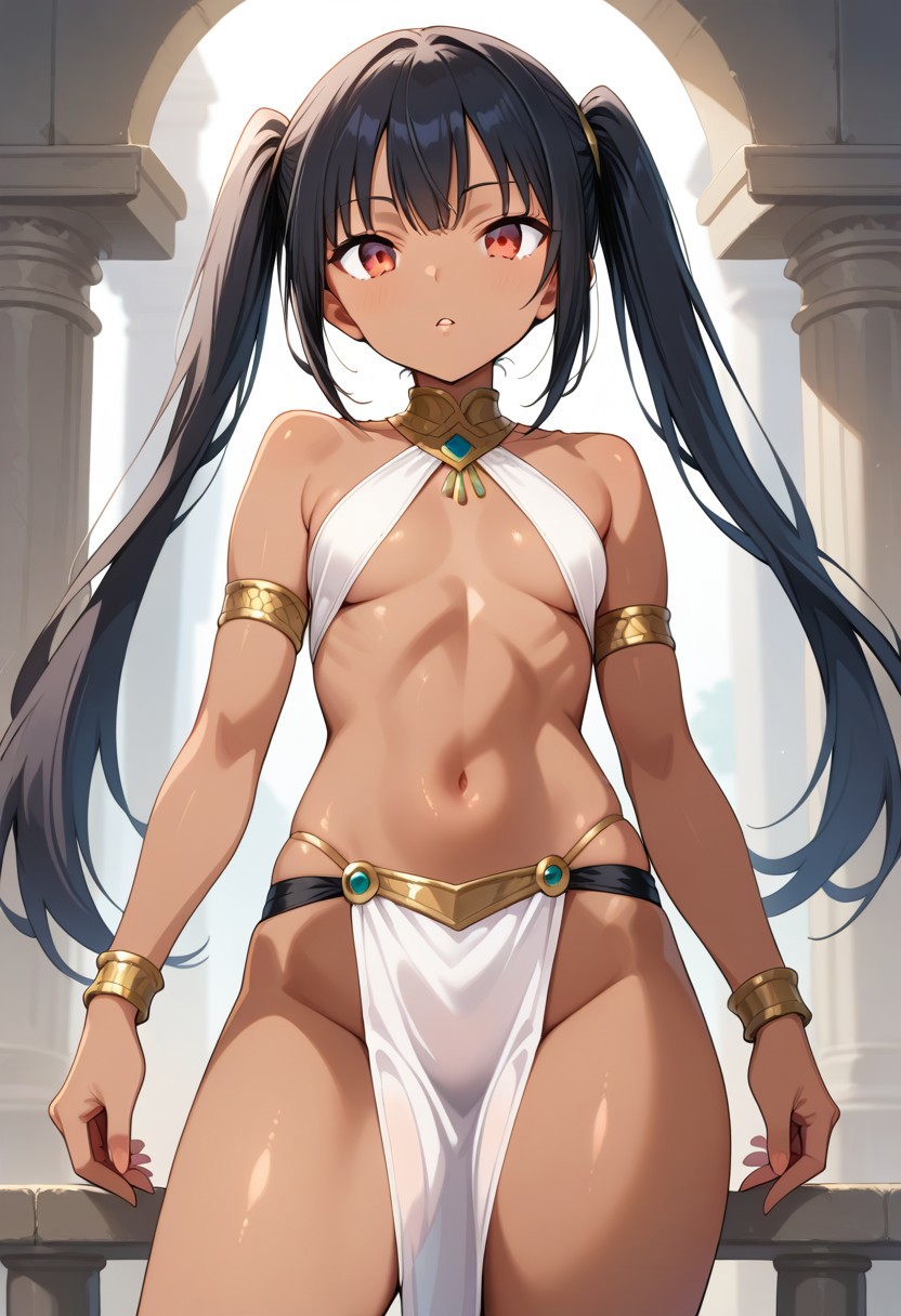 score_9, haphut, dark skin, red eyes, black hair, twintails, halter, pelvic curtain, source_anime, ntm,