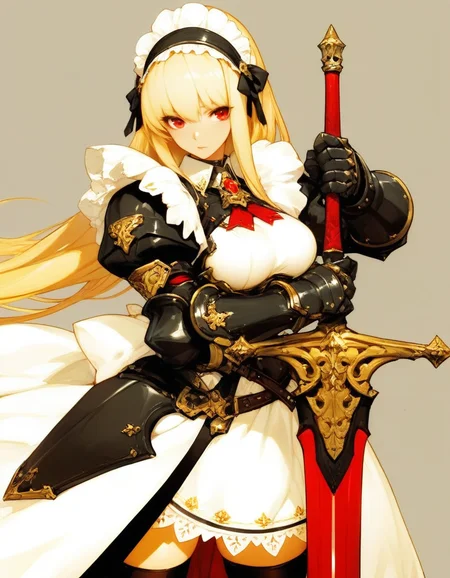 Masterpiece,best quality,sophisticated,hualidefengge,
1girl, weapon, sword, red eyes, solo, armor, blonde hair, holding sword, gauntlets, holding weapon, holding, maid headdress, thighhighs, maid, dress
<lora: ton ton Illustrious-XL:0.8>,