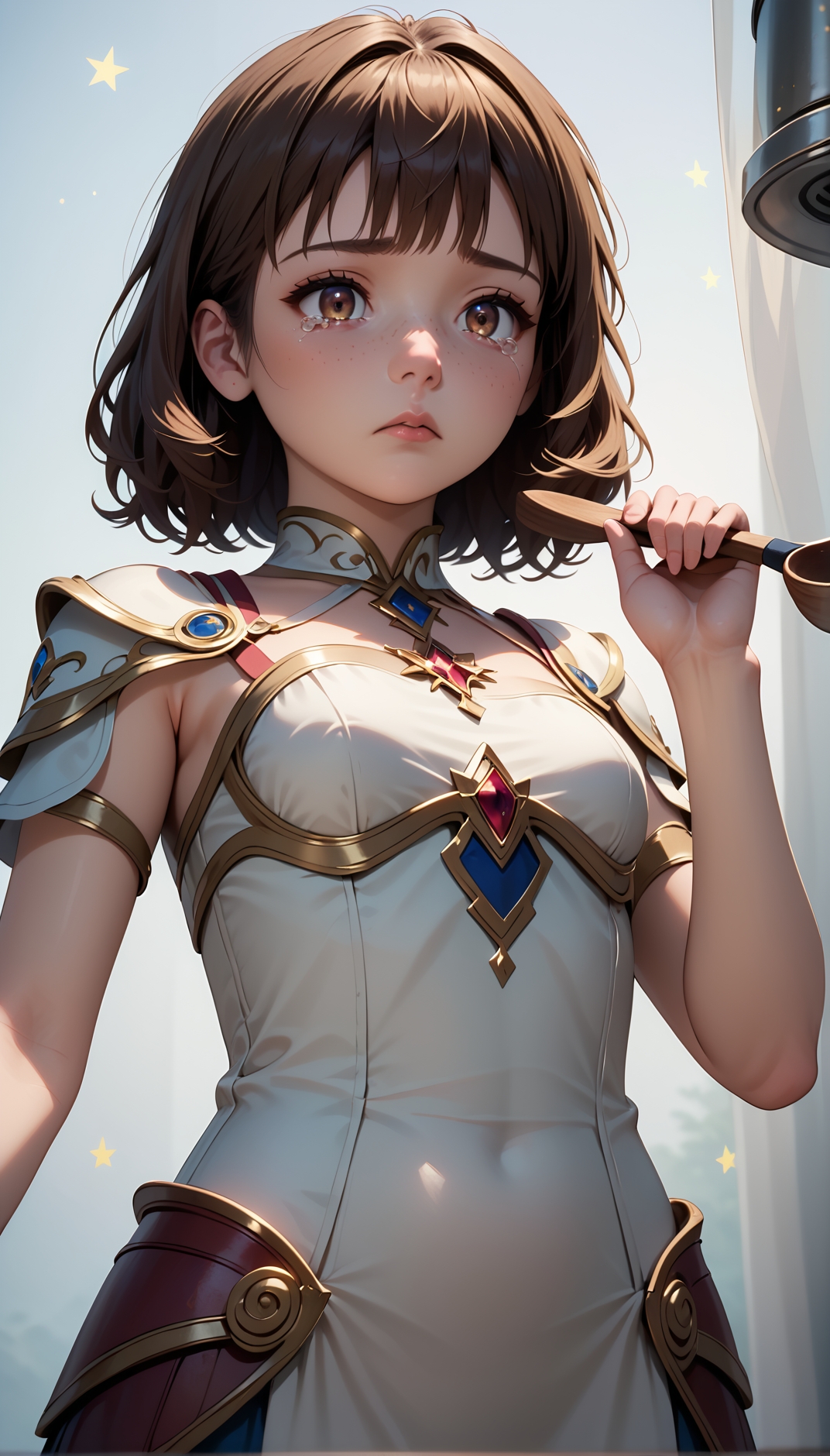 score_9, score_8_up, score_7_up,masterpiece,best quality,high quality,rating_safe,sfw,anime artwork,cinematic,very aesthetic,natural lighting,3d cartoon, 1girl french,hazel eyes,solo, (((young adult)),older),cooking,sulking, sad,tears, long brown hair, Curtain bangs hairstyle,armor,small breasts, detailed skin,intricate skin details, freckles:1.5, from below, head out of frame, starry background, subsurface scattering, detail shadow, detailed skin texture, natural skin, clean skin pores, highly detailed iris, highly detailed skin texture, perfect eyes, ,intricate details,extremely detailed, highly detailed, detailed,absurdres,Hires