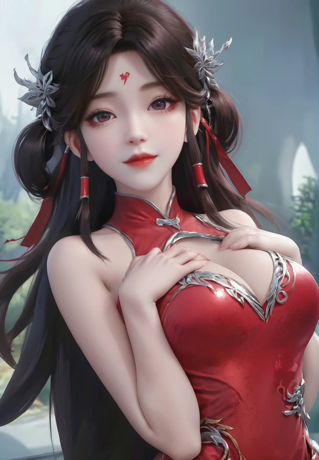 looking_at_viewer,cowboy_shot,(hands_on_own_chest:1.4),1girl,solo,dress,(face light:1.5),hair ornament,portiart,from front,masterpiece,(best quality),official art,extremely detailed cg 8k wallpaper,((crystalstexture skin)),(extremely delicate and beautiful),solo,photo_\(medium\),hiqcgbody,chinese background,(smile:0.4),forehead_mark,red cheongsam,eye-contact,jewelry,long hair,<lora:huolinger_V2-000008:1>,