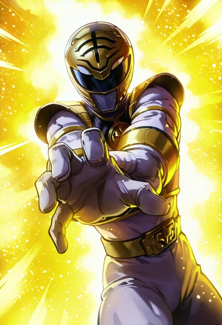 masterpiece, best quality, zzWhiteRanger, helmet, 1boy, cowboy shot, standing, armlet, glowing background, golden particles, dynamic angle, incoming attack, foreshortening, tokusatsu , <lora:WhiteRangerIXL:1.0>,
