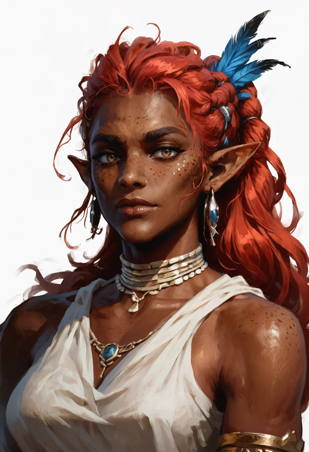 score_9, score_8_up, score_7_up, score_6_up, score_5_up, score_4_up,
<lora:FantasyPaintingsPonyXL:1> pa1nt1ng,
1girl, solo, pointy ears, braid, freckles, jewelry, feathers, dark skin, white background, earrings, portrait, dark-skinned female, long hair, red hair, simple background