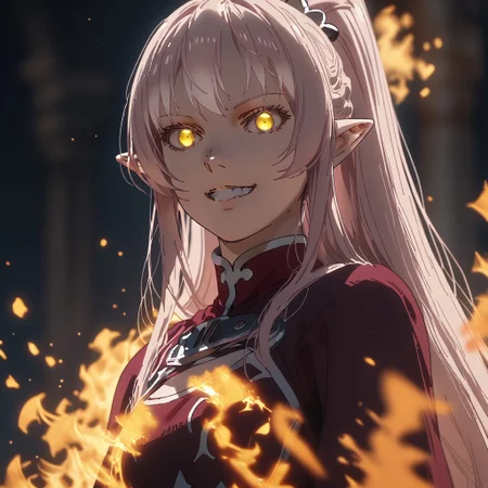 zPDXL3, score_9_up, score_8_up, score_7_up, (Anime_source), 1girl, standing, looking at viewer, smiling, Ariane, elf, pink hair, yellow eyes, ponytail, dressof ire, dress of fire, fire dress, glowing eyes, sinozick style, flat color, dark theme,