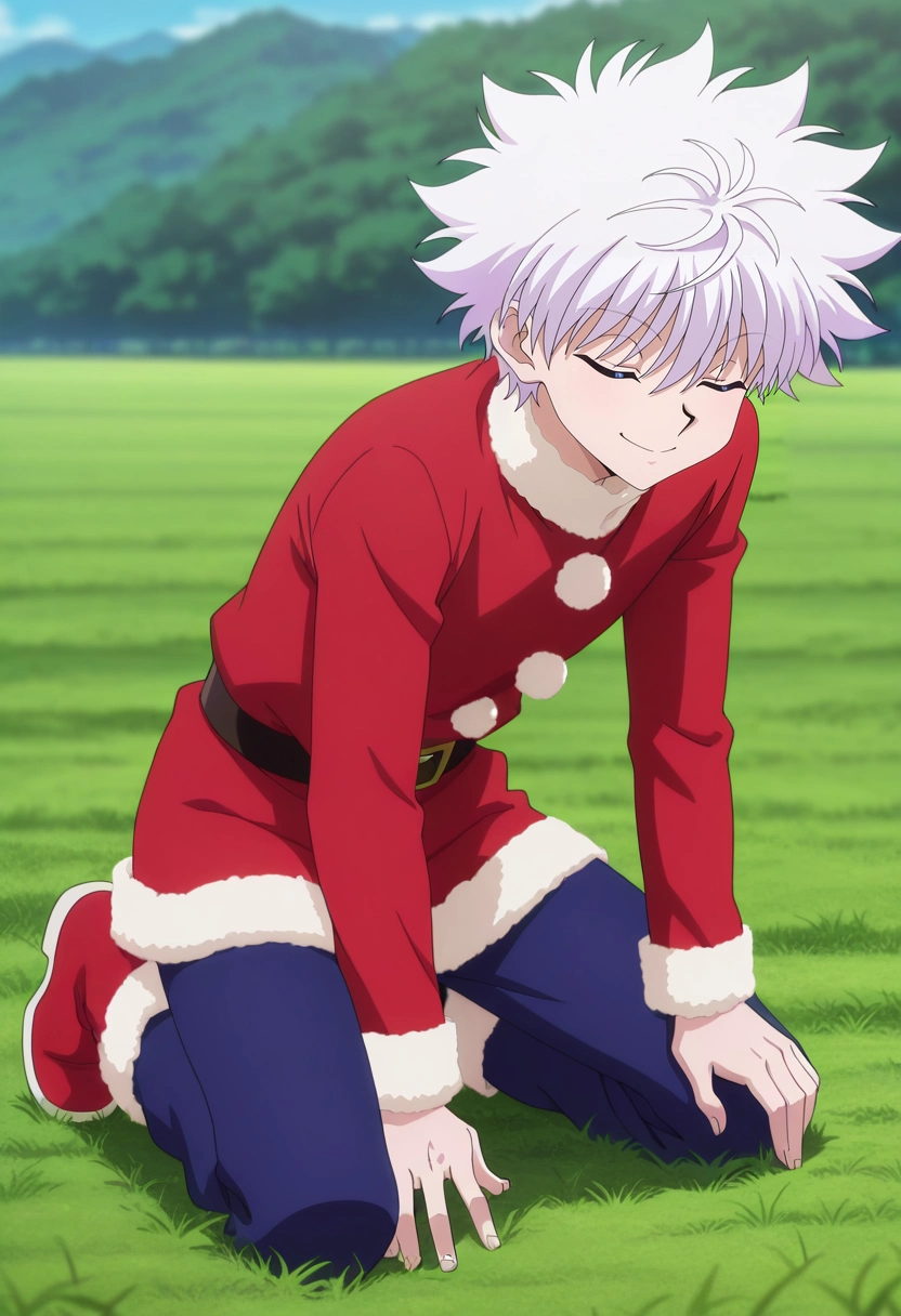 masterpiece, best quality, intricate details, anime screencap, anime coloring, official style, , , 1boy, solo, male focus, <lora:killua_zoldyck_ilxl:0.9>, killua_zoldyck, white hair, blue eyes, short hair, spiked hair, bangs, messy hair, asymmetrical, field, noon, kneeling, (closed eyes:1.2), smile, christmas costume