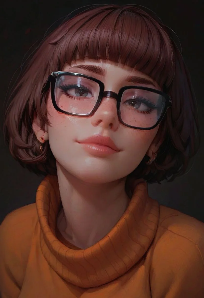 score_9, score_8_up, score_8. score_9, score_8_up, score_7_up, score_6_up, masterpiece, 4k, high quality
1girl, 25 year old beautiful Velma(from scooby doo), thick black lashes, blush, black collar, freckles, sultry look, soft smile, thick glasses, dark brown hair,