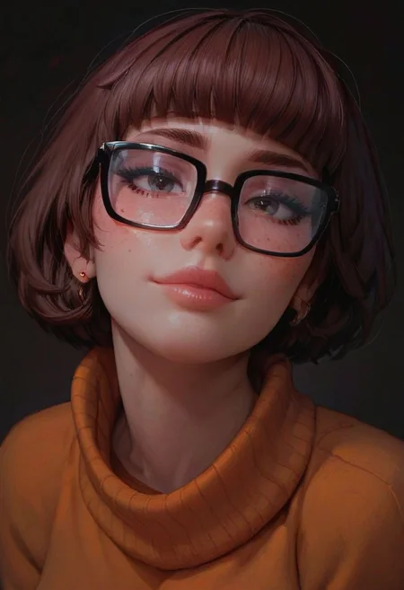 score_9, score_8_up, score_8. score_9, score_8_up, score_7_up, score_6_up, masterpiece, 4k, high quality
1girl, 25 year old beautiful Velma(from scooby doo), thick black lashes, blush, black collar, freckles, sultry look, soft smile, thick glasses, dark brown hair,