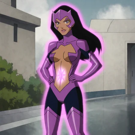 <lora:starsapphirejusticeleaguedoom_pony_v1:.8> starsapphire, 1girl, medium breasts, purple bodysuit, long hair, black hair, tattoo, thighhighs, navel, center opening, dark-skinned female, dark skin, purple eyes, mask, cowboy shot