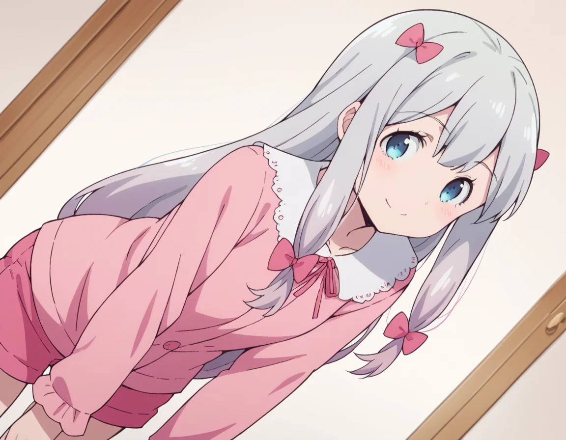 score_9, score_8_up, score_7_up, source_anime,
sagiriizumi, <lora:sagiri-izumi-s1-ponyxl-lora-nochekaiser:1>,
sagiri izumi, long hair, blue eyes, bow, hair bow, grey hair, pink bow,
ribbon, shorts, pink shirt, pajamas, pink shorts,
indoors, bent over, smile,
solo, looking at viewer, cowboy shot, dutch angle,