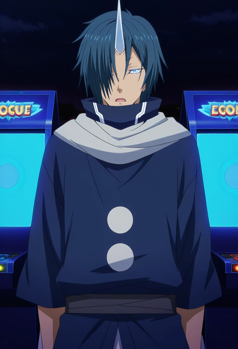 masterpiece, best quality, , anime screencap, anime coloring, official style, looking at viewer, 1boy, solo, male focus, <lora:souei_tensura_ilxl:0.96>, souei_tensura, blue hair, blue eyes, hair over one eye, single horn, scarf, japanese clothes, nighttime arcade, flashing machines, glowing screens, excited players, gaming pose, focused expression, vibrant energy,