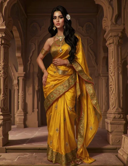 <lora:ck-LttleGhost-000011.safetensors:1> in the style of ck-lttlegh0stA stunning South Asian woman, likely in her mid-to-late 20s, stands proudly in a majestic ancient temple. She wears a breathtaking gold silk saree adorned with intricate floral embroidery and traditional jewelry, exuding an air of regal elegance. The ornate background, replete with carvings and arches, adds to the scene's timeless beauty, radiating cultural richness and sophistication.