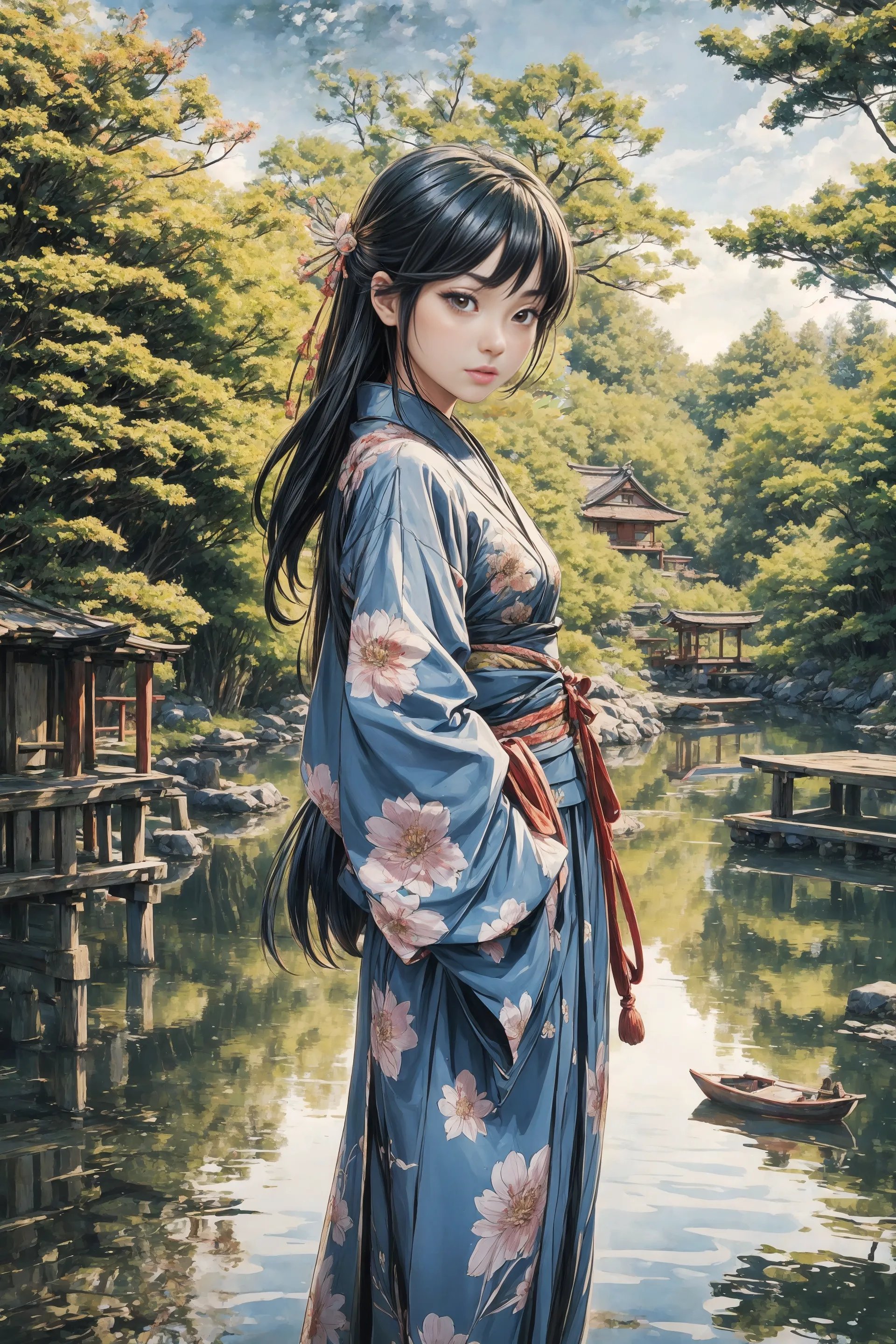 (japanese fisher woman:1.2), portrait, pretty, beautiful, adorable, lovely, japanese landscape, (fishers village), Columbia Green short yukata, (very detailed), dog, peasants, sakura trees, bridge, boats, best quality, realistic, sharp focus, sunny sky, natural light, backlight, shadows, high contrast, hdr,  reflections, <lora:Detail Tweaker LoRA add_detail:0.7>  <lora:depth_of_field_slider_v1:5> <lora:SDXLrender_v2.0:0.8>