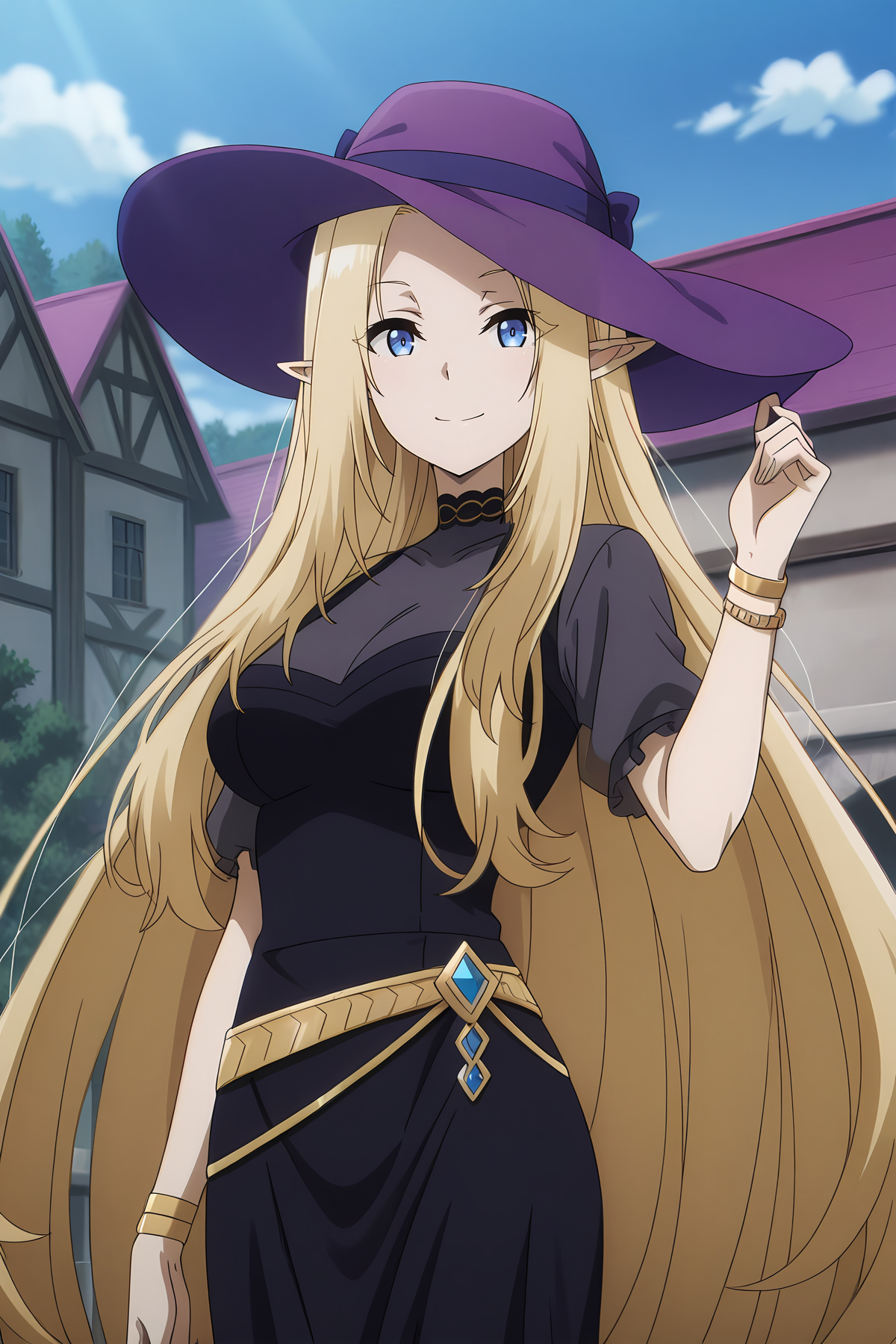 absurdres, highres, masterpiece, best quality, amazing quality, official anime artwork, screencap, anime screencap, outdoors, looking at viewer, smile, dynamic pose,
 <lora:Alpha_Illustrious:1> Alpha, 1girl, solo, blonde hair, blue eyes, parted bangs, sidelocks, elf, pointy ears, medium breasts, skinny, long hair, very long hair,, black dress, short sleeves, bracelet, jewelry, purple hat,