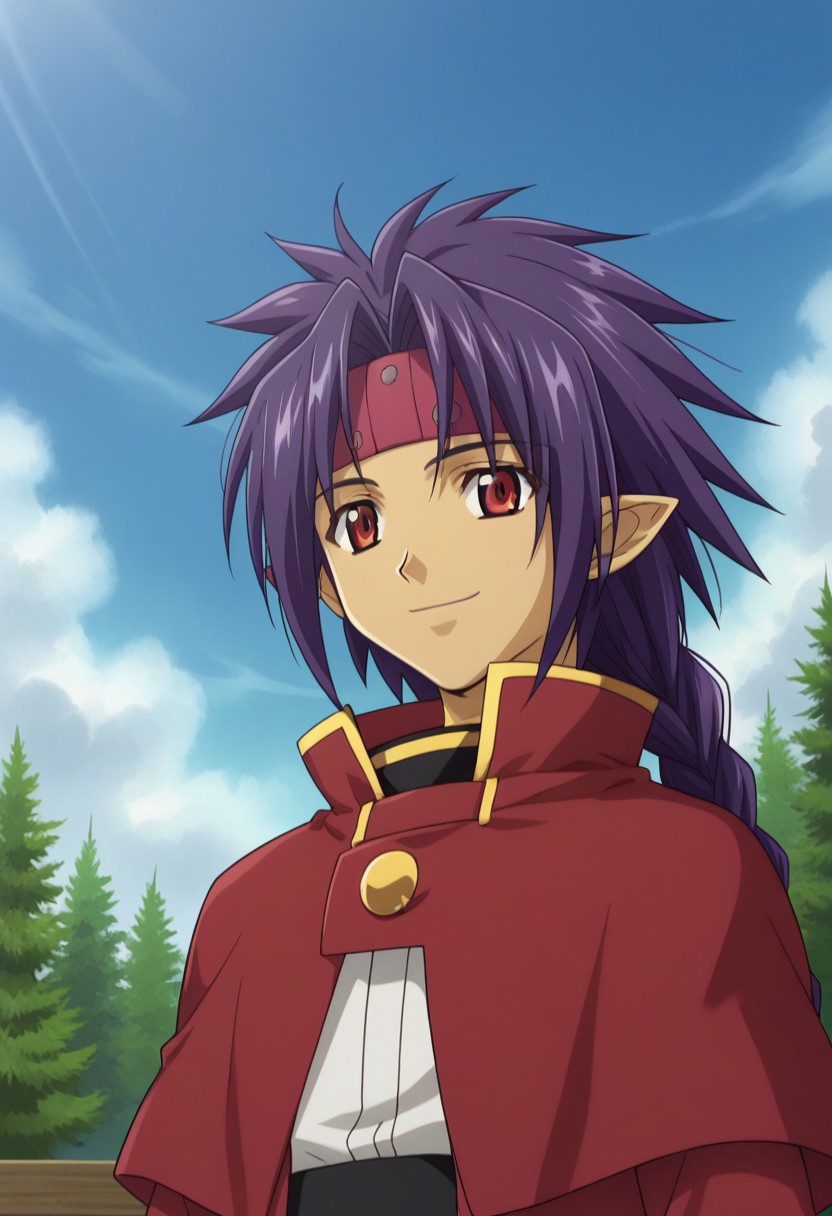 score_9, score_8_up, score_7_up, source_anime, highly detailed, 
chrono, solo, braid, 1boy, long hair, male focus, red eyes, upper body, headband, purple hair, bow, coat, smile, single braid, capelet, pointy ears, shirt, white shirt, tailcoat, red tailcoat, red capelet, dark skin, dark-skinned male, tights, bow, yellow bow,
outdoor, sky,