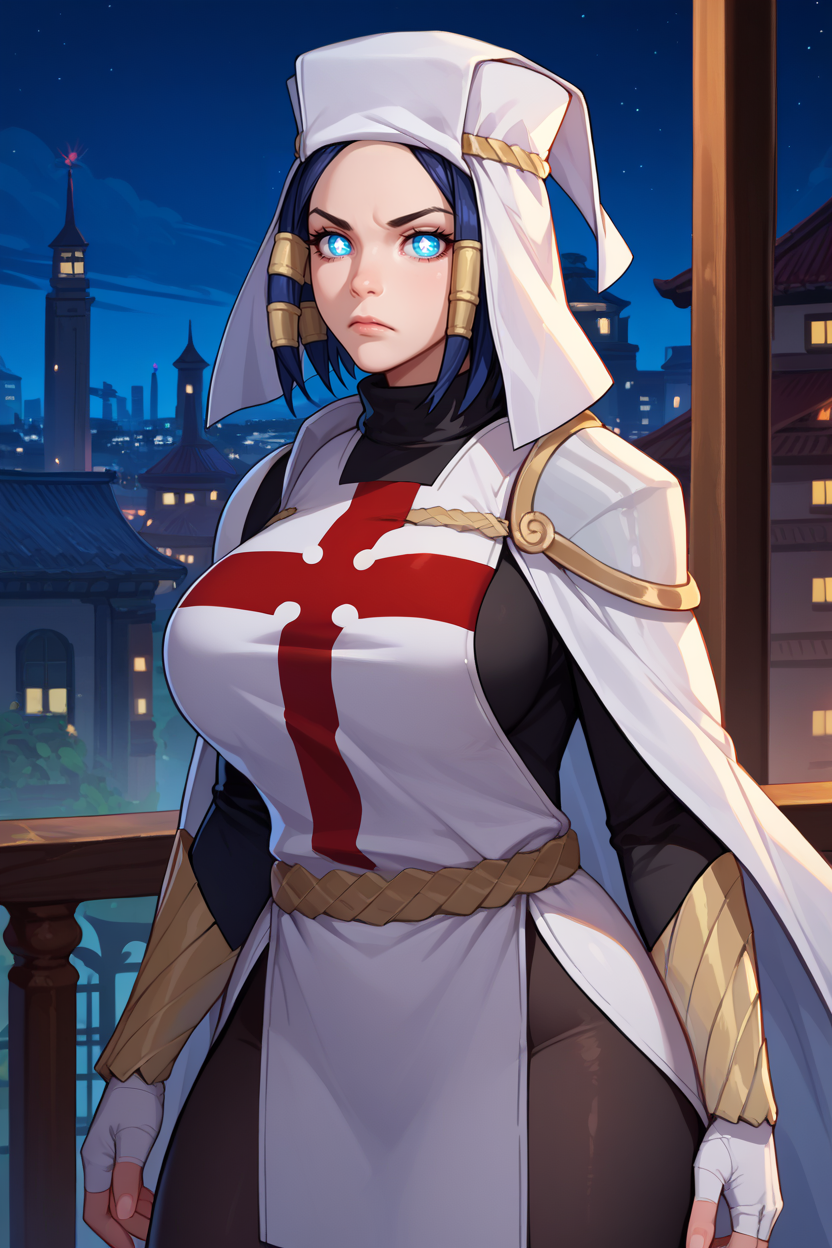 score_9, score_8_up, score_7_up, score_6_up, source_anime, 1girl, solo, <lora:ffarrow-pdxl-nvwls-v1-000005:1> arr0w, hair tubes, symbol-shaped pupils, white headwear, red and white tabard, black bodysuit, bodysuit under clothes, black pantyhose, fingerless gloves, vambraces, large breasts, white cape, looking at you, serious, night, city