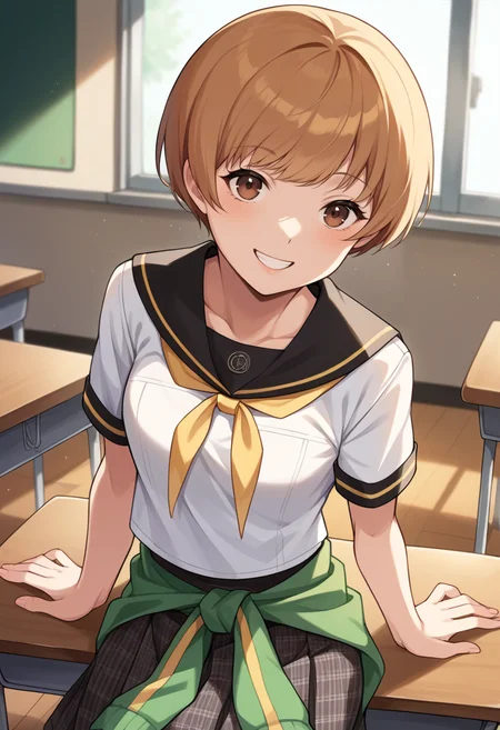 score_9, score_8_up, score_7_up, source_anime BREAK 1girl, solo,
 <lora:zs_ChieXL:1> chiesummeruniform, brown hair, short hair, brown eyes, white serafuku, yellow ribbon, clothes around waist, skirt, houndstooth,
cowboy shot, smile, classroom, sitting on desk