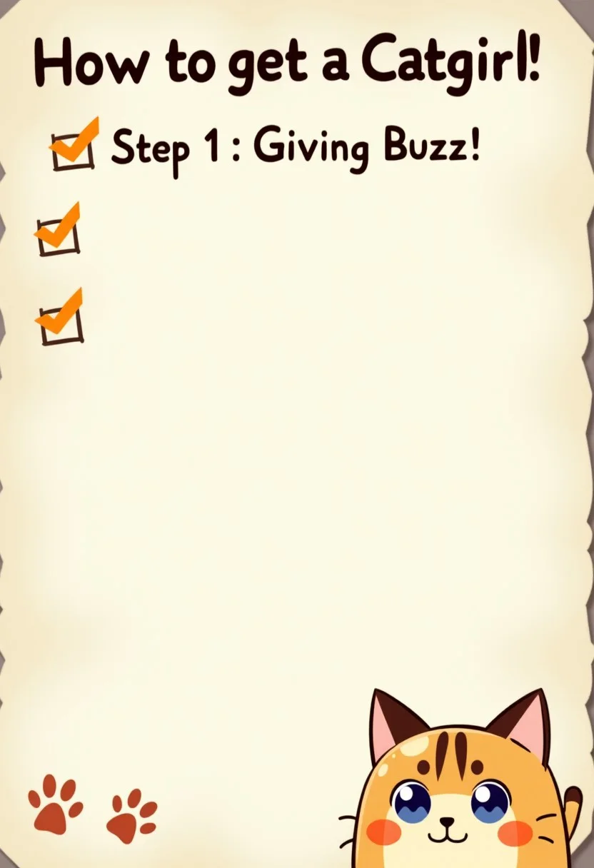 high quality, realistic photo of an unfinished checklist/tutorial "How to get a Catgirl" and "Step 1: Giving Buzz!" with an orange stylized lightning symbol. Include a cute picture of anime cat ears and paw prints.