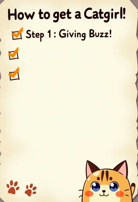 high quality, realistic photo of an unfinished checklist/tutorial "How to get a Catgirl" and "Step 1: Giving Buzz!" with an orange stylized lightning symbol. Include a cute picture of anime cat ears and paw prints.